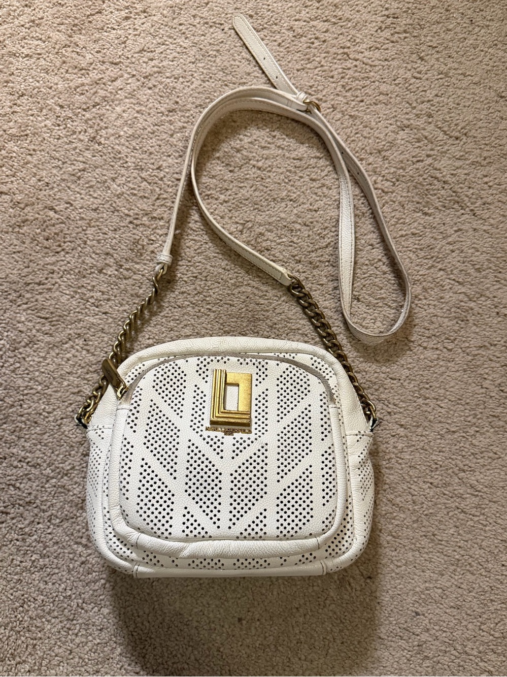 Karl Lagerfeld Paris Lafayette Perforated Crossbody Bag white gold-tone hardware
